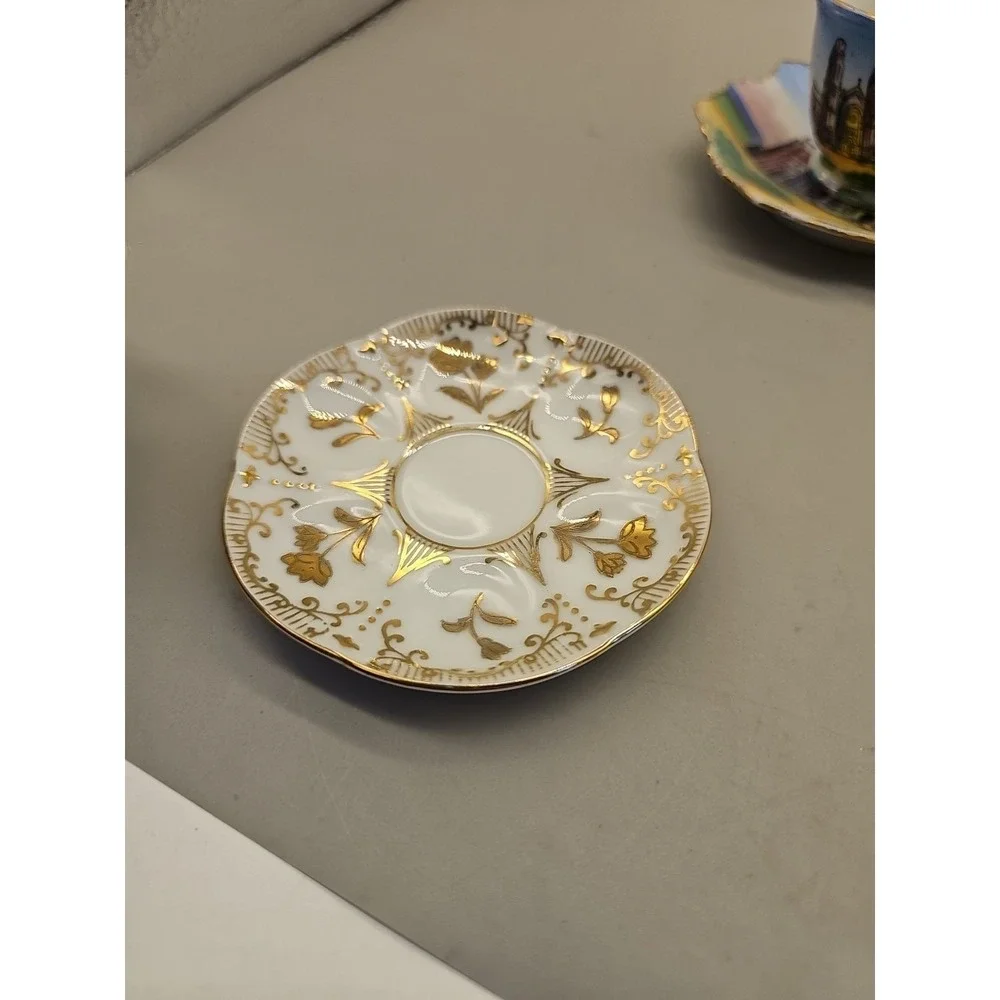 Vtg Souvenir Bone China Miniature Tea Cup &‎ Saucer, Gold on White Floral